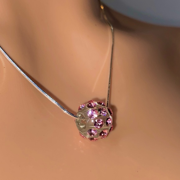 Pink Acrylic pendant necklace with sterling silver chain, genuine crystals - Picture 4 of 9